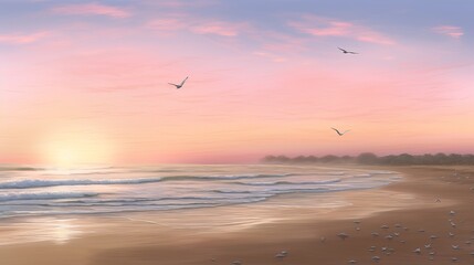 Tranquil Sunrise Beach: Serene Nature Scene with Pink, Purple, and Orange Sky, birds flying over the sea, beach wallpaper, Generative AI