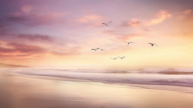 Tranquil Sunrise Beach: Serene Nature Scene with Pink, Purple, and Orange Sky, sunset over the sea, beach wallpaper, Generative AI