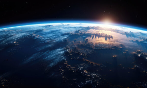 Planet earth in viewed from space from space, atmospheric lighting, panoramic scale, Blue planet. Generative Ai.