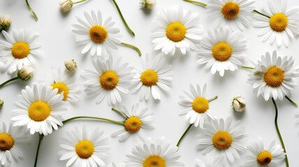 Bright chamomile daisy flower bud and stems pattern on white background. Aesthetic summer flower texture background. Generative ai.