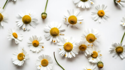 Fototapeta premium Bright chamomile daisy flower bud and stems pattern on white background. Aesthetic summer flower texture background. Generative ai.