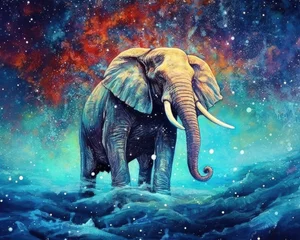 Foto op Canvas art elephant in space . dreamlike background with elephant . Hand Drawn Style illustration © PinkiePie