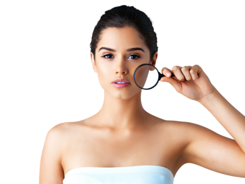 Magnifying glass, beauty and portrait of woman on transparent background for thinking, makeup and research. Cosmetics, inspection and attention with female model on png for check and dermatology