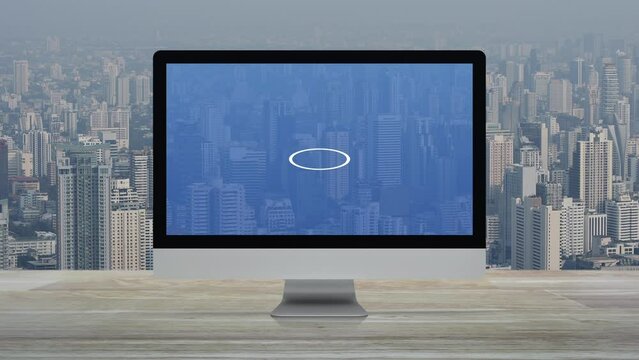 cctv camera flat icon on desktop modern computer monitor screen on wooden table over office building tower and skyscraper in city, Technology security and safety online concept