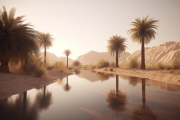 A minimalist landscape with a scenic desert oasis or palm grove, Generative AI