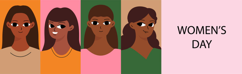Banner with black women. Different girlish face. Cartoon design