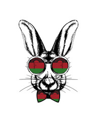 Easter bunny hand drawn portrait. Patriotic sublimation in colors of national flag on white background. Malawi