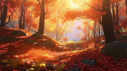 Enchanting Autumn Forest: Vibrant Foliage, Warm Glow, and Rustling Leaves, Generative AI