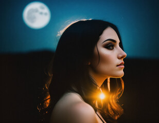 A profile of a beautiful woman with a sun flare and the moon in the background