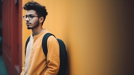 Fictional Person. Academic grace, elegantly poised college student showcasing style against a striking wall