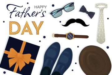 Happy Fathers Day with hat,necktie and gift box. Greeting card. Vector illustration EPS10.