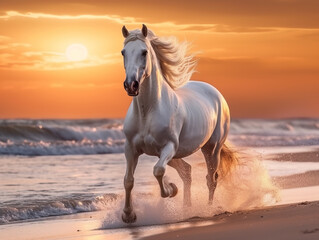 Obraz na płótnie Canvas Beautiful white horse galloping along the beach. Generative AI.