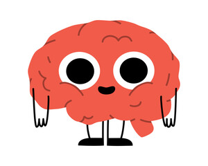 Hand drawn cute illustration human brain with smiling face. Flat vector organ, intellect symbol character in colored doodle style. Mental health, medicine sticker, icon or print. Isolated on white.