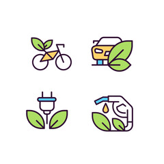 Eco friendly vehicle pixel perfect RGB color icons set. Bio fuel usage. Environment protection. Isolated vector illustrations. Simple filled line drawings collection. Editable stroke