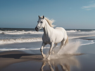 Obraz na płótnie Canvas Beautiful horse run along the shore of the sea. Generative AI.