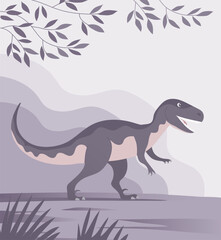 Velociraptor with dangerous claws. Predatory dinosaur of the Jurassic period. Strong hunter raptor. Prehistoric landscape and pangolin. Cartoon vector illustration