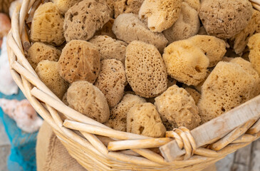Basket Full of Dry Sea Sponges Sold as Souvenirs in Symi Greece