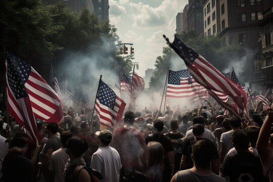 Independence day with people holding American flag in the street celebrating 4th July. Generative AI