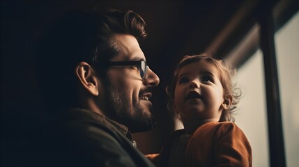 Fictional Persons. Laughter and love, heartwarming photo of a father and child enjoying lighthearted moments