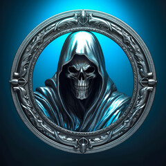 Grim reaper, silver metal game emblem, cyberpunk style game badges on transparent background. Made with Generative AI