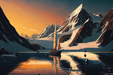 sunset sailboat on calm, serene lake surrounded by snow-capped mountains, created with generative ai