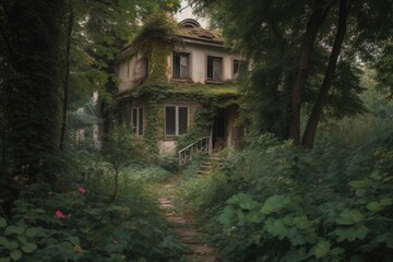 abandoned house with overgrown garden surrounded by trees and bushes, created with generative ai