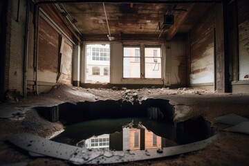 Fototapeta na wymiar sinkhole in abandoned and historical building, with water slowly seeping through the cracks, created with generative ai