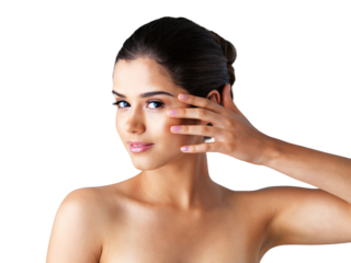 Happy woman, face and portrait smile for skincare, beauty or cosmetics isolated on a transparent PNG background. Attractive female person or model touching skin in satisfaction for facial treatment