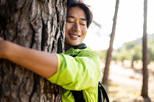 A young Asian man is hugging the trunk of a tree with his eyes closed. Take care of the environment, love nature. Concept of indiscriminate felling of trees. Deforestation.