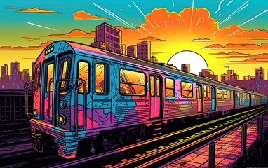 Subway train painted in graffiti on the tracks with New York city in background at sunset. Generative Ai illustration