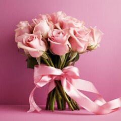 Pink Roses Bouquet Ribbon. Generative AI