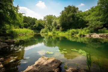 farm pond surrounded by lush greenery and clear waters, created with generative ai