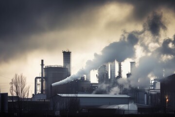 industrial plant, with smoke and fog coming from its smokestacks, created with generative ai