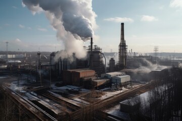 Fototapeta na wymiar chemical plant, with smoke plumes and steam rising from the chimneys, created with generative ai