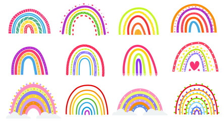 Cartoon rainbow. Colourful rainbows, heart and cloud with rainbow colors tail. Childish flat vector illustrations collection.