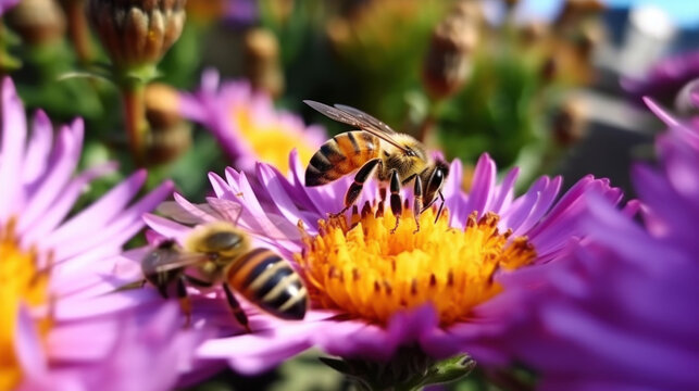 Bees on beautiful vibrant flowers, summer time, generative AI