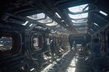 space station, with alien commuters walking to their destinations, created with generative ai