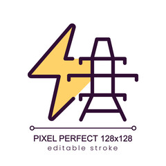 Obraz premium Power transmission line pixel perfect RGB color icon. Electrical energy. Environment care. Isolated vector illustration. Simple filled line drawing. Editable stroke. Poppins font used