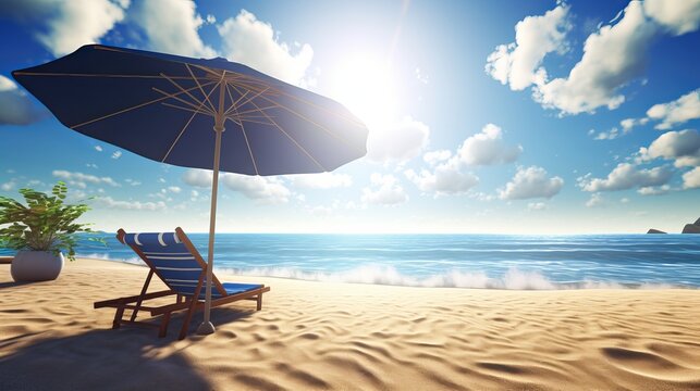 beach chair and umbrella, Indulge in the allure of summer with ultra detail HD backgrounds that transport you to idyllic sunny beach with golden sand and vibrant umbrellas, Generative AI