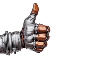 A robot hand giving thumbs up isolated on white background - Generative AI