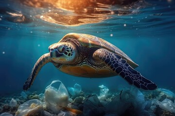 World ocean pollution, Turtle and plastic bags underwater. Generative AI
