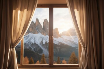 View from the window of the beautiful mountain landscape, the Dolomites. Generative AI