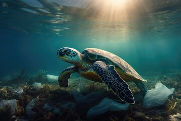 Fototapeta premium World ocean pollution, Turtle and plastic bags underwater. Generative AI