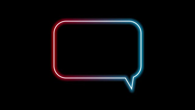 Neon colorful speech bubble on black background. Glowing blank chat bubble.