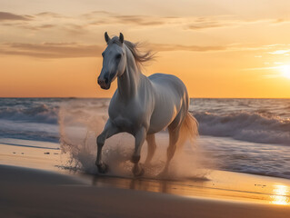 Obraz na płótnie Canvas Beautiful white horse galloping along the beach. Generative AI.