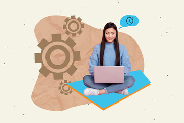 Composite creative design collage banner of young worker girl working remote thoughts deadline code...