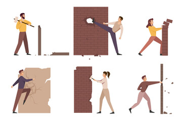 Characters destroying walls,success achieving metaphor. Employees and businessmen overcome obstacles, persons break barriers, concrete and bricks.