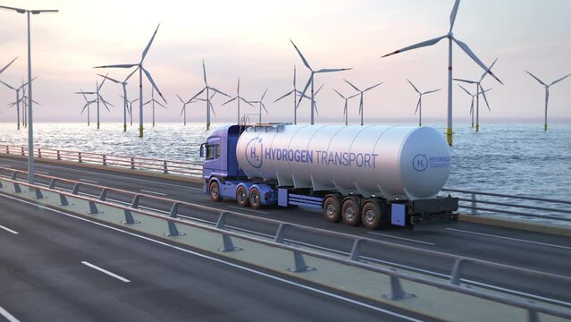 Generic electric semi truck with hydrogen tank trailer driving along a bridge or coastal road into the sunset with wind turbines in background. Green energy concept. Realistic 3d rendering animation.