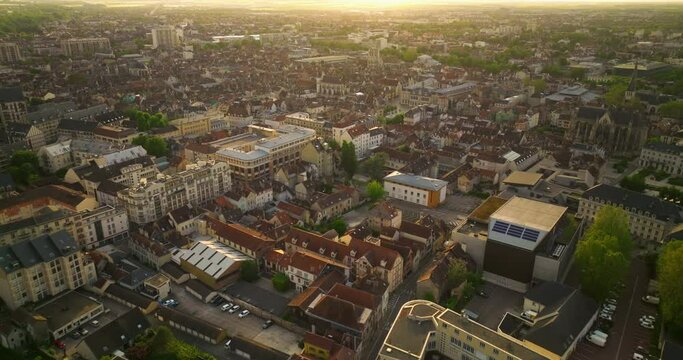 France, Troyes, Champagne Region. Aerial drone shot of the ancient and beautiful French city with beautiful architecture. Very old houses filmed from a drone. Roofs of houses in the French city