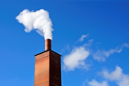 a red brick chimney with black smoke issuing from the top against a blue sky, created with generative ai